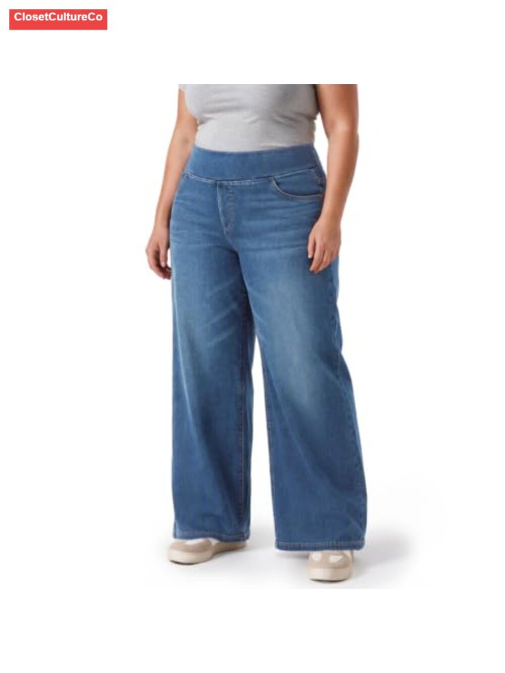Plus Size High Rise Wide Leg Pull On Jeans for Women Relaxed Fit Stretch
